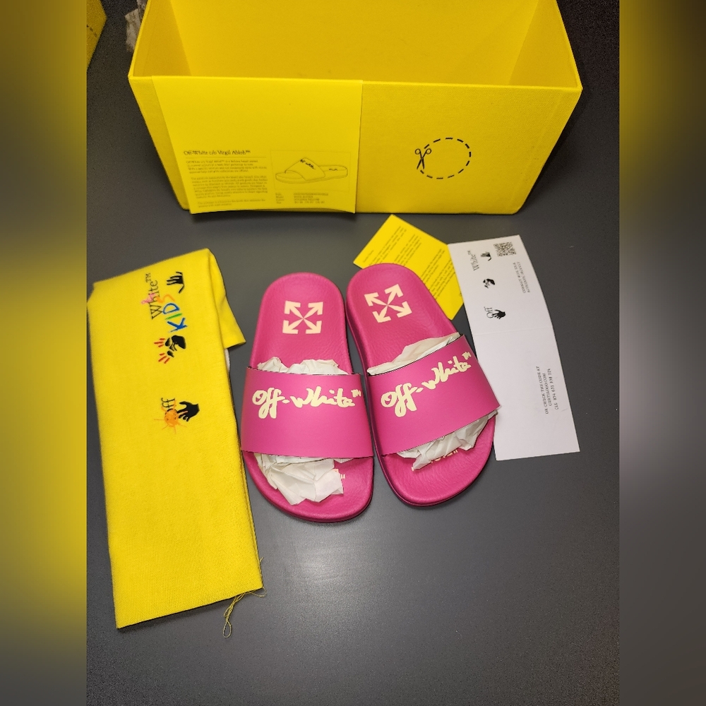 Off-White Kids Pool Slide Fuchsia Yellow Script Logo - Picture 7 of 12